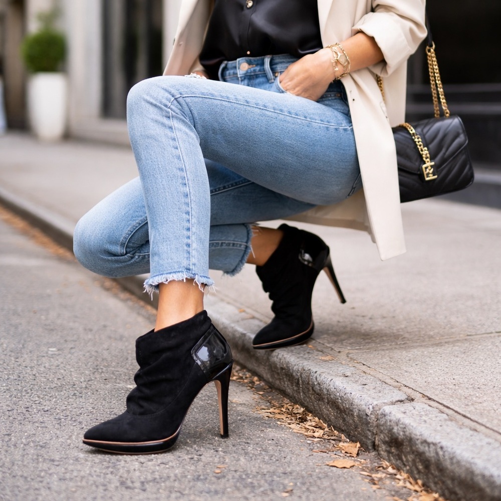 L.A.M.B. Black Suede Heeled Boots by Gwen Stefani